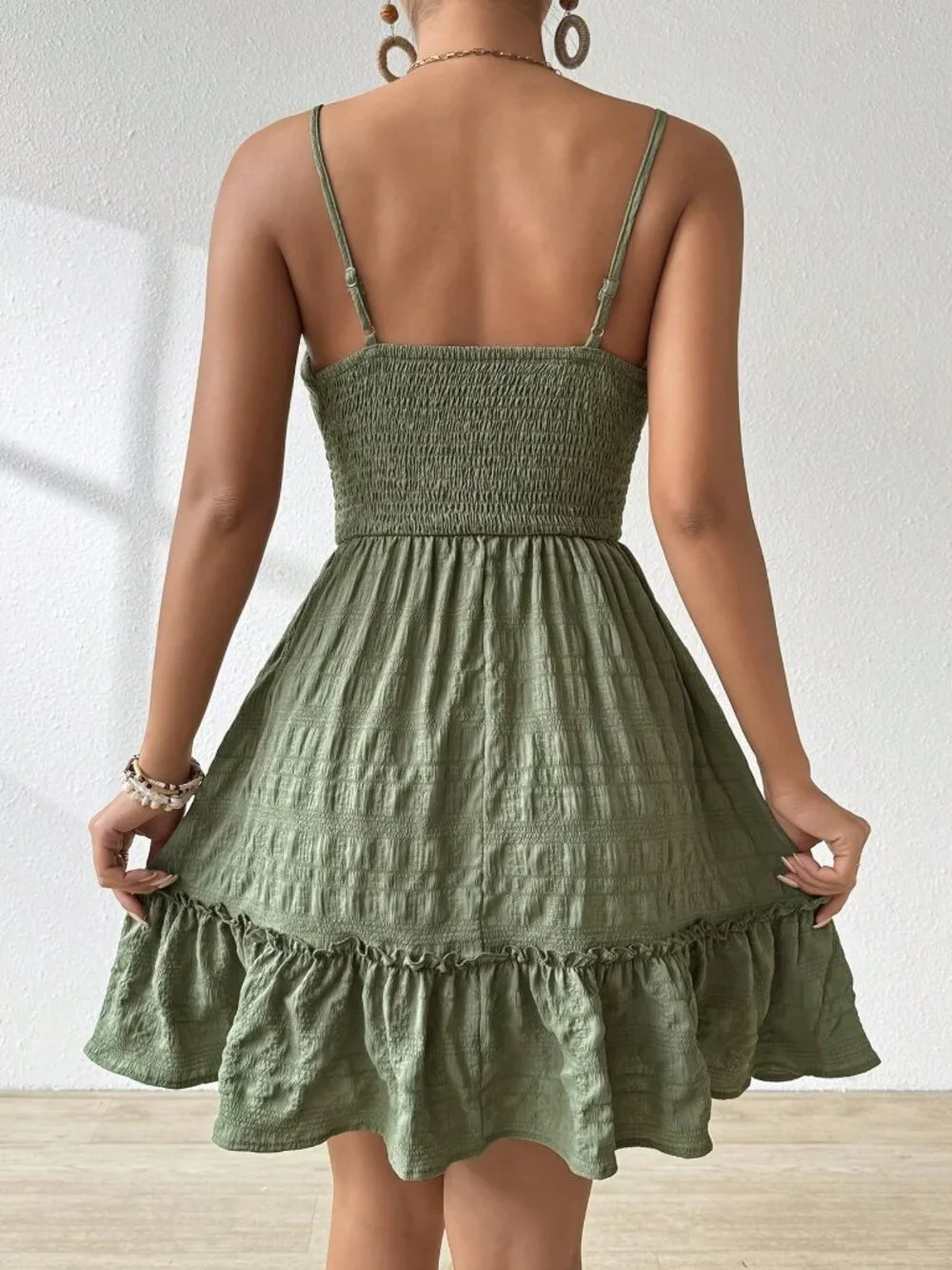 Green Boho Women's Front Tie Bow Floral Pleated Ruched Sleeveless Vacation Dress - Picture 2 of 7